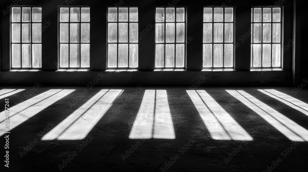 Poster sunlight streams through a row of windows, casting long shadows on the floor.