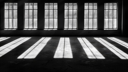 Sunlight streams through a row of windows, casting long shadows on the floor.