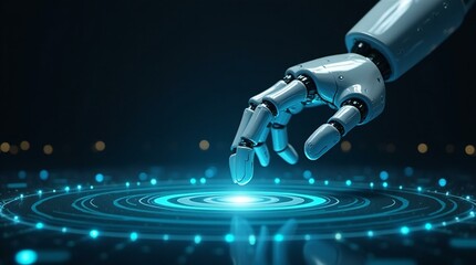 Robot Hand Interacting with Digital Interface.