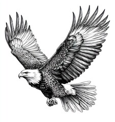 Fototapeta premium Soaring Bald Eagle, monochrome sketch, white background, design element.