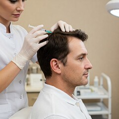 Side view of handsome middle aged man getting hair treatment at beauty salon. Man having mesotherapy session at aesthetic clinic, therapist hands in gloves making injection in scalp, closeup