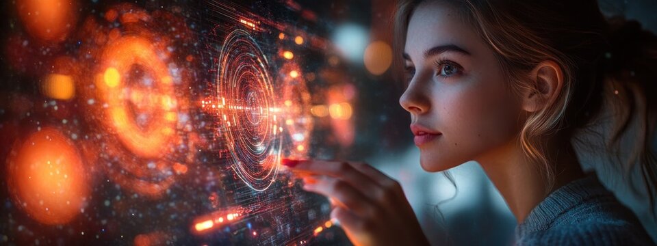 Futuristic Digital Workspace with Woman Presenting Data Analytics Interface