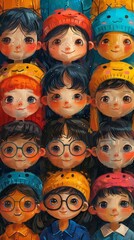 Obraz premium Delightful arrangement of cute children in colorful hats with cheerful expressions and different hair colors creates a joyful composition