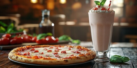 Delicious pizza with pepperoni served alongside a creamy shake at a rustic restaurant