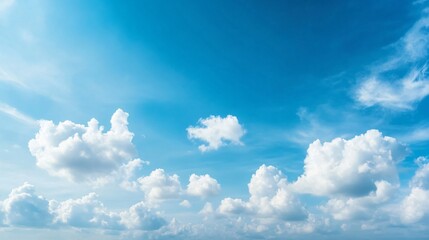 Obraz premium Bright blue sky with fluffy white clouds, serene atmosphere, perfect for relaxation or outdoor activities, ample copy-space for text.