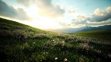 Obraz premium Serene Spring Meadow Blooming Bluebells Mountain Vista Sunset Sky