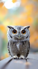 A small owl with intense eyes is looking at the viewer
