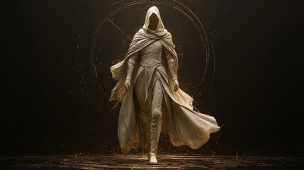 Mysterious Cloaked Figure in Ethereal Light with Enigmatic Symbols Surrounding the Scene