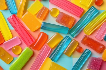 Colorful gummy candies arranged on pastel background sweet treats