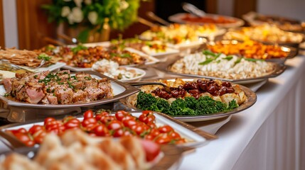 Lavish buffet spread, diverse selection of gourmet dishes, beautifully arranged appetizers and colorful entrees for gatherings.