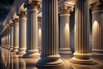 Night Photography: Elegant Antique White Columns, Architectural Detail
