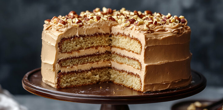 Delicious hazelnut cake, layered and frosted, a slice removed, showcasing its texture and creamy filling. Perfect for food blogs, magazines, and dessert menus.