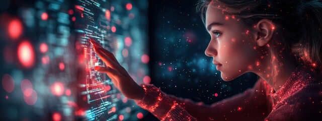 Futuristic Digital Workspace with Woman Interacting with Data Analytics Interface