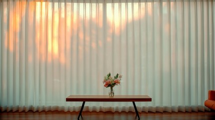 Serene Sunrise  Minimalist Room  Sheer Curtains  Wooden Table  Flowers