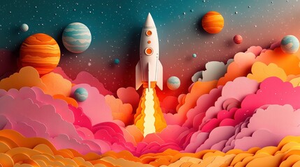 Colorful Paper Cut Rocket Launch Scene in Whimsical Space Setting