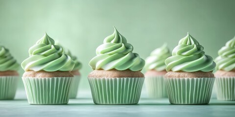 Freshly baked cupcakes with green frosting displayed on a pastel surface for a dessert table