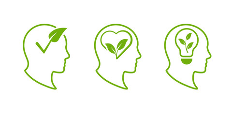Icons of heads with leaves highlight eco-friendly ideas and health-focused thinking styles.