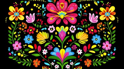 Colorful floral arrangement with various flower shapes against black background