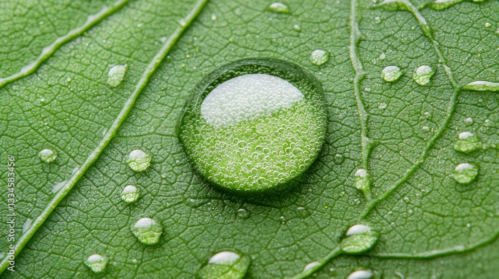 Poster macro shot of a dewdrop on a leaf with intricate reflections and fine details
