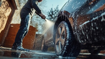 Detail view of powerful water jet cleaning dirt and grime from car wheel and tire during vehicle maintenance outdoors on a sunny day