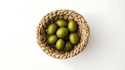 Pickled green olives in round woven bamboo basket, Mediterranean food ingredient, white background top down view 