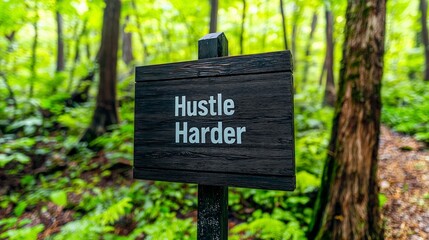 Motivational Wooden Sign in Lush Forest  Hustle Harder