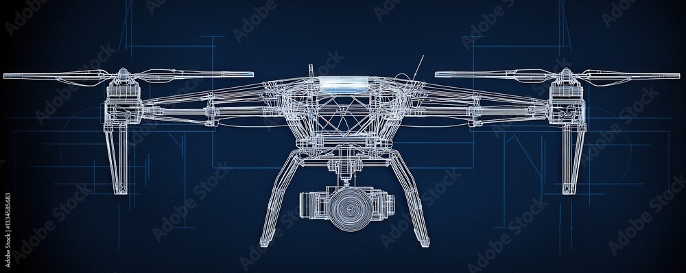 Poster a blueprint-style illustration of a drone, showcasing its intricate design and components against a 