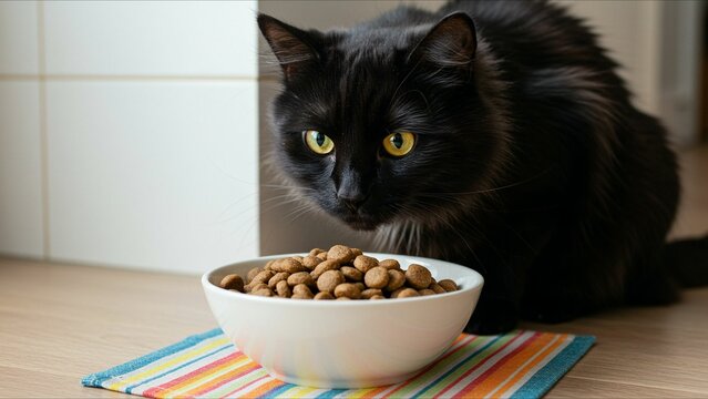 Long-haired black cat with kibble