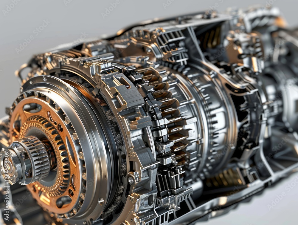 Poster detailed close-up of a complex and intricate metallic engine internal structure revealing precision 