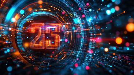 Digital countdown timer, futuristic interface, glowing 25, abstract background, anniversary