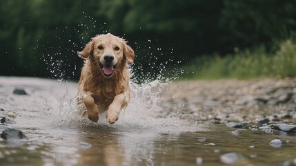 golden retriever dog running happily in the river water towards you, pet playing outdoor activity