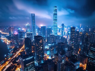 Obraz premium Breathtaking cityscape at night, illuminated skyscrapers against a dark sky, representing urban development and modern architecture. Ideal for travel blogs, business presentations, and city branding.