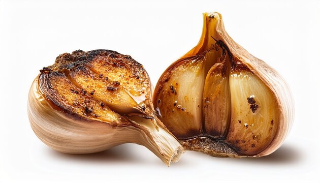 Roasted Garlic: Captivating shot of roasted garlic, displaying a rich golden brown exterior. The bulb is split to showcase the texture of the cloves, evoking culinary delight.