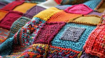 Detailed Close-Up of a Hand-Knitted Patchwork Blanket Showcasing a Variety of Textures and Vibrant Colors in a Cozy Home Decor Setting