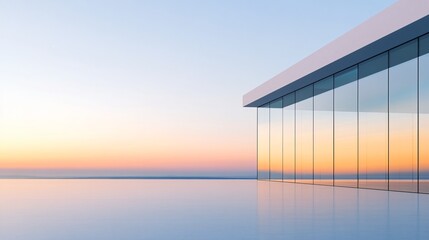 Serene modern building with glass walls, reflecting tranquil sunset over calm waters, perfect for relaxation or contemplation.