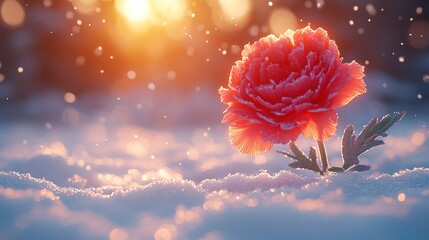 Pink flower in snow, winter sunrise, soft bokeh, peaceful