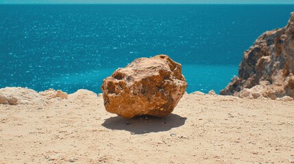 A large, brown rock sits on a sandy beach, with the ocean and a cliff in the background.
