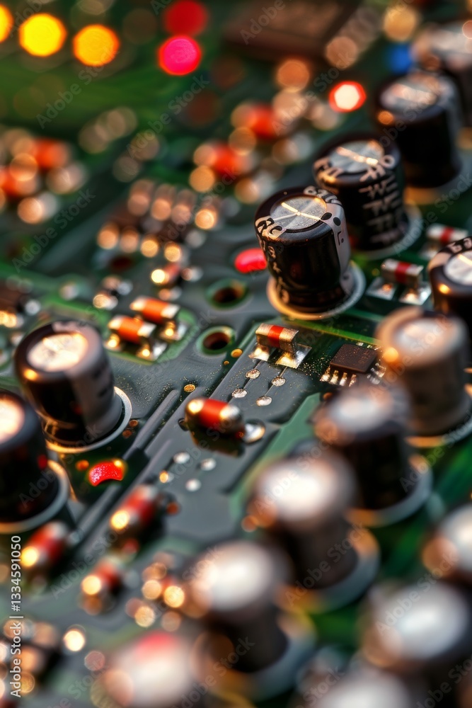 Aufkleber detailed close-up of a printed circuit board showing electronic components, traces and solder joints