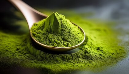 Vibrant Matcha Powder: A close-up captures a vivid matcha powder, meticulously presented on a spoon, highlighting its texture and natural color.