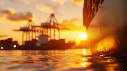 Obraz premium Cargo ship silhouette at sunset, vibrant colors reflecting on water, dramatic skyline with industrial structures, serene atmosphere.