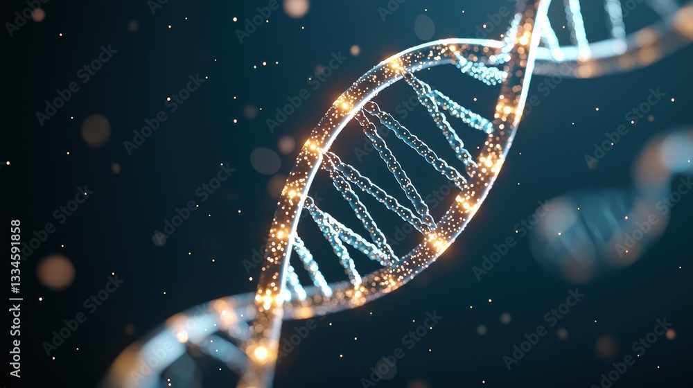 Poster a detailed visualization of a dna double helix, shimmering with light, representing the complexity o