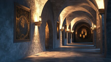 Fototapeta premium Mysterious Medieval Corridor Illuminated Stone Passageway with Art