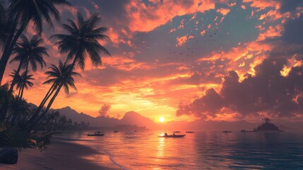 Tropical sunset beach paradise, boats, calm ocean, island