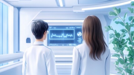 Obraz premium A medical research team collaborating in a futuristic AI-driven laboratory, biotechnology innovation