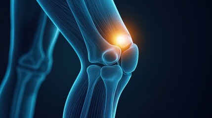 An illuminated knee joint is depicted in a digital illustration, showcasing details of the bone structure and emphasizing the joint area.