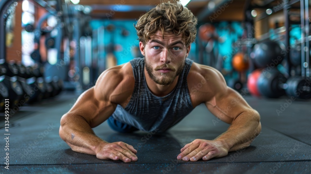 Aufkleber man engaging in physical exercise doing pushups in a gym environment