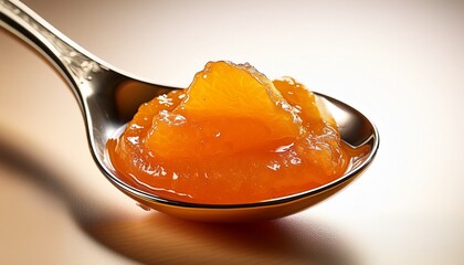 Apricot Jam on a Spoon: A close-up shot of glistening, golden-hued apricot jam artfully presented on a silver spoon, showcasing its rich texture.