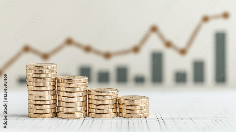 Poster a stack of gold coins on a surface with a blurred graph in the background, symbolizing financial gro