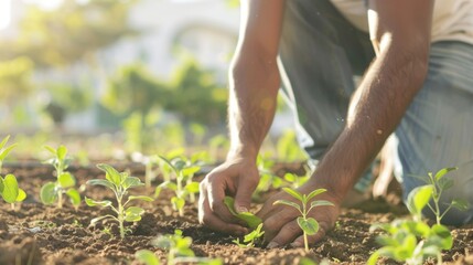 Man Kneeling on His Back Planting Small Plants in a Beautiful Garden