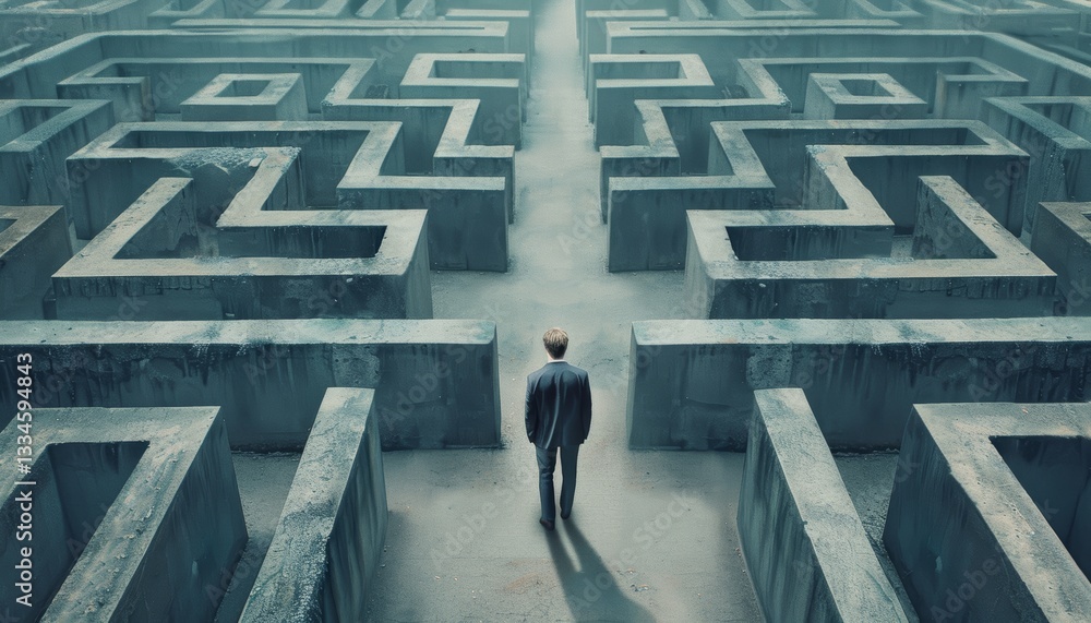 Aufkleber man lost in a complex maze surreal concept of confusion and challenge